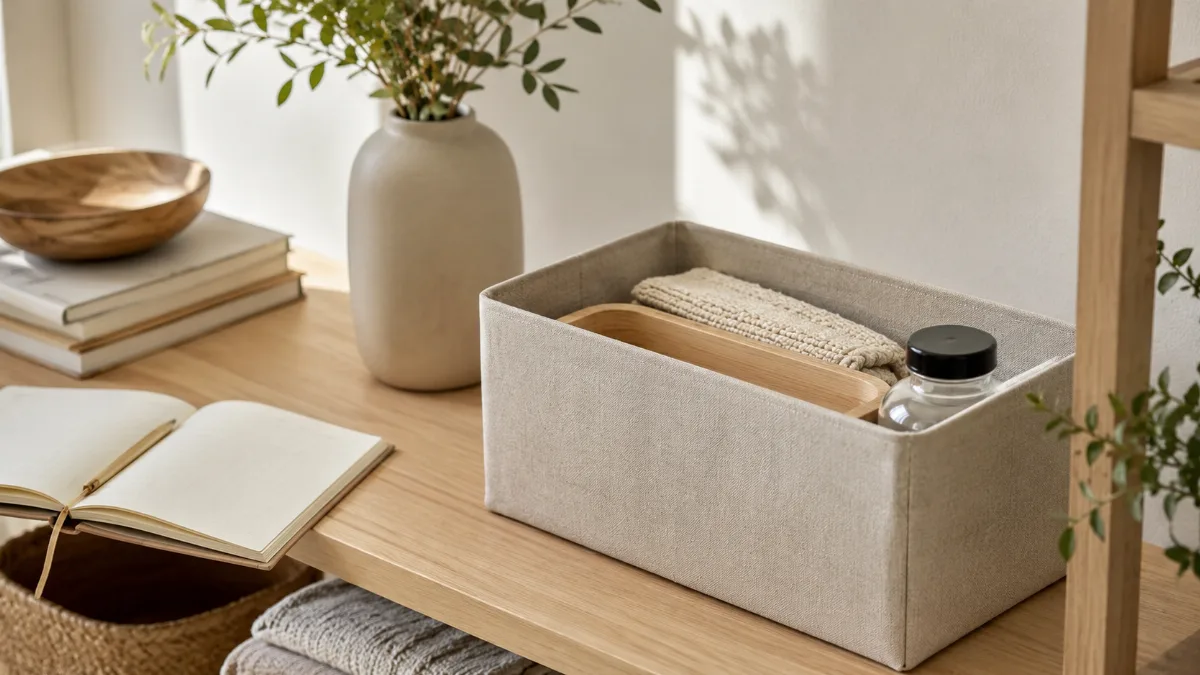 Tidy shelf mid-organization with a few items set aside in a box