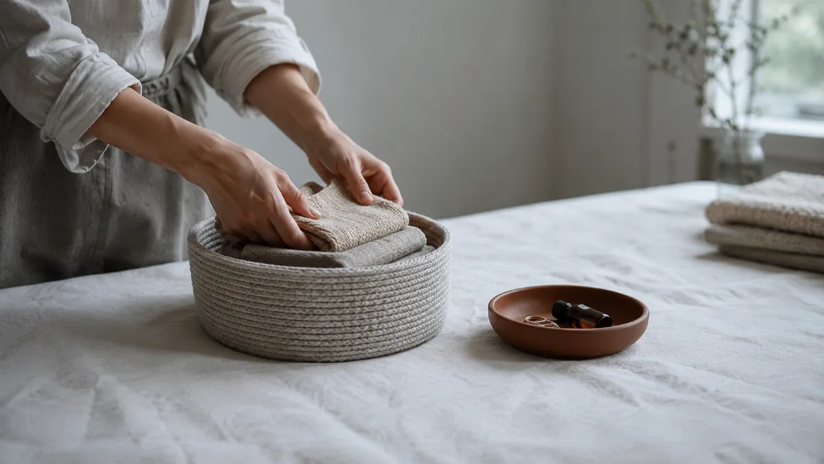 Hands folding items into a small storage basket