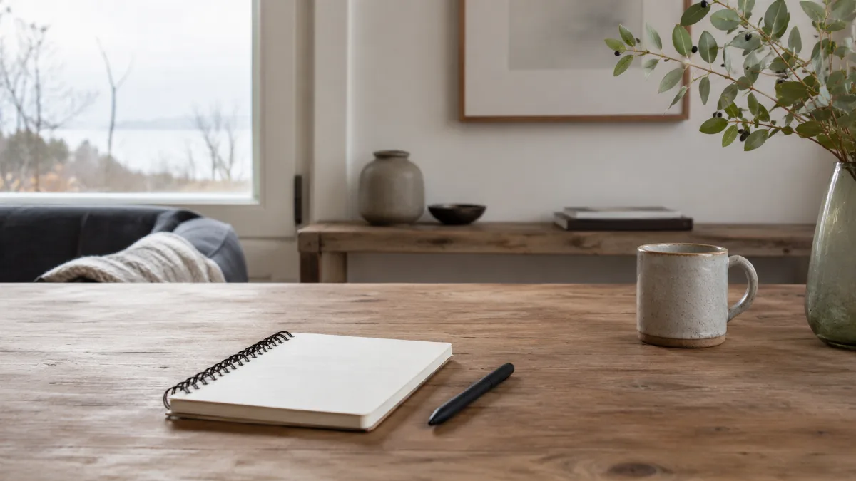Calm minimalist interior with natural light and a few simple objects