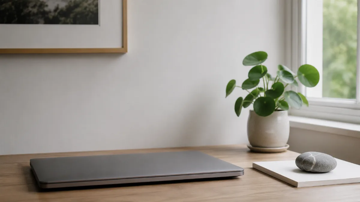 Tidy home-office corner with a laptop closed and a small plant