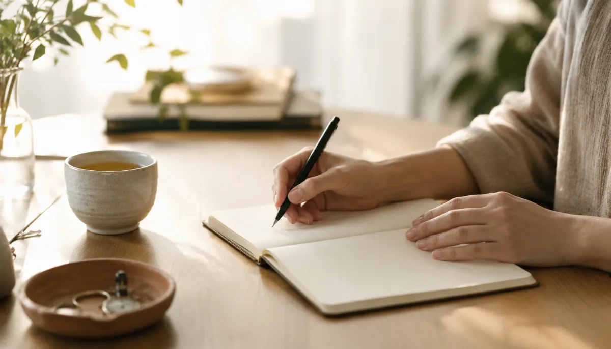 Tidy desk with a notebook and a cup of tea
