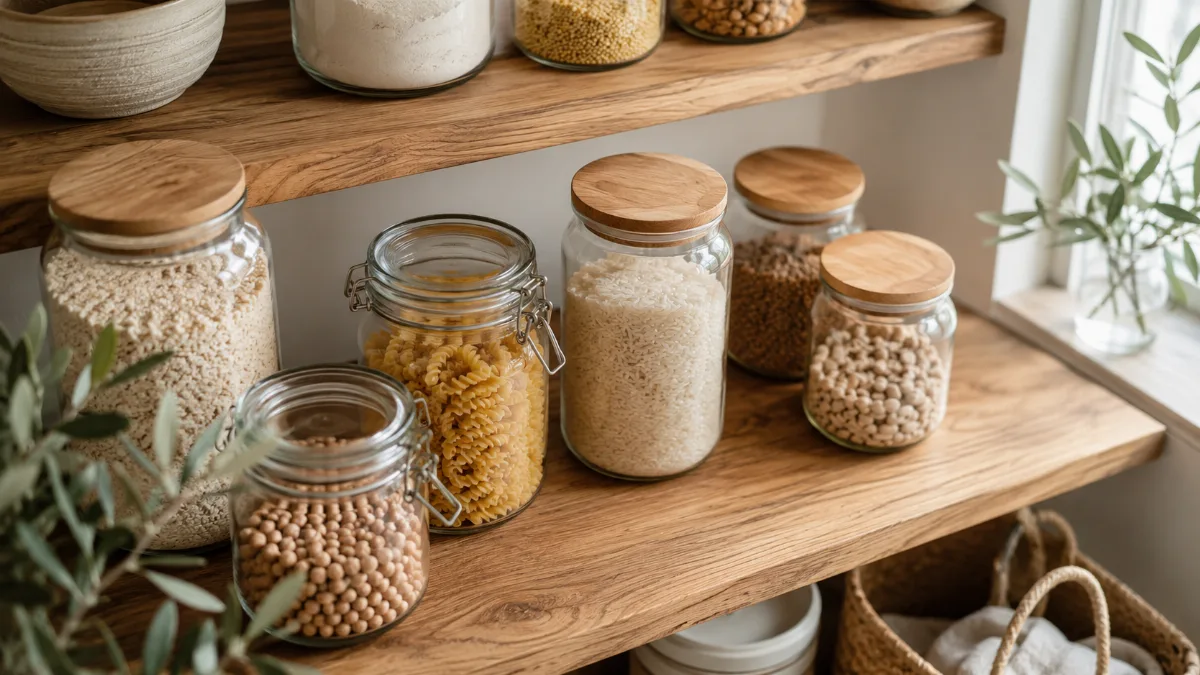 Minimalist pantry shelf with glass jars of staples