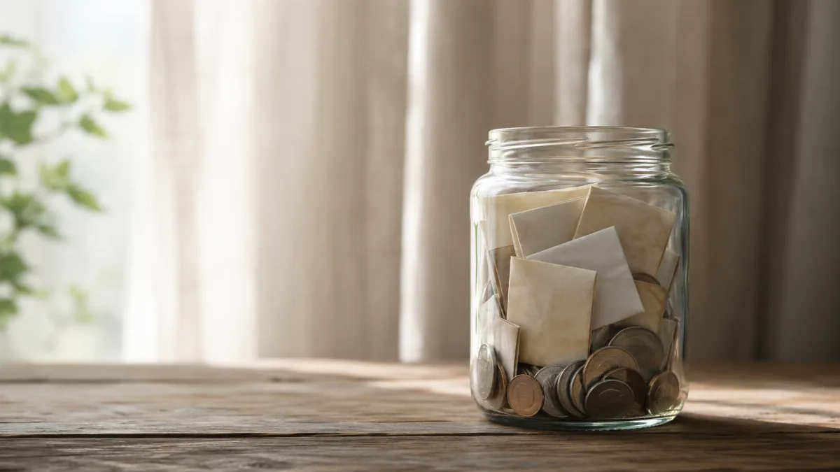 Glass jar holding folded notes and coins on a wooden surface