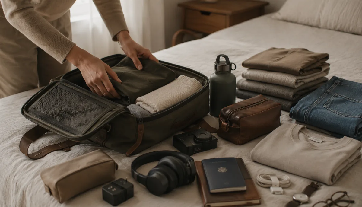 Neatly packed travel essentials laid out on a bed