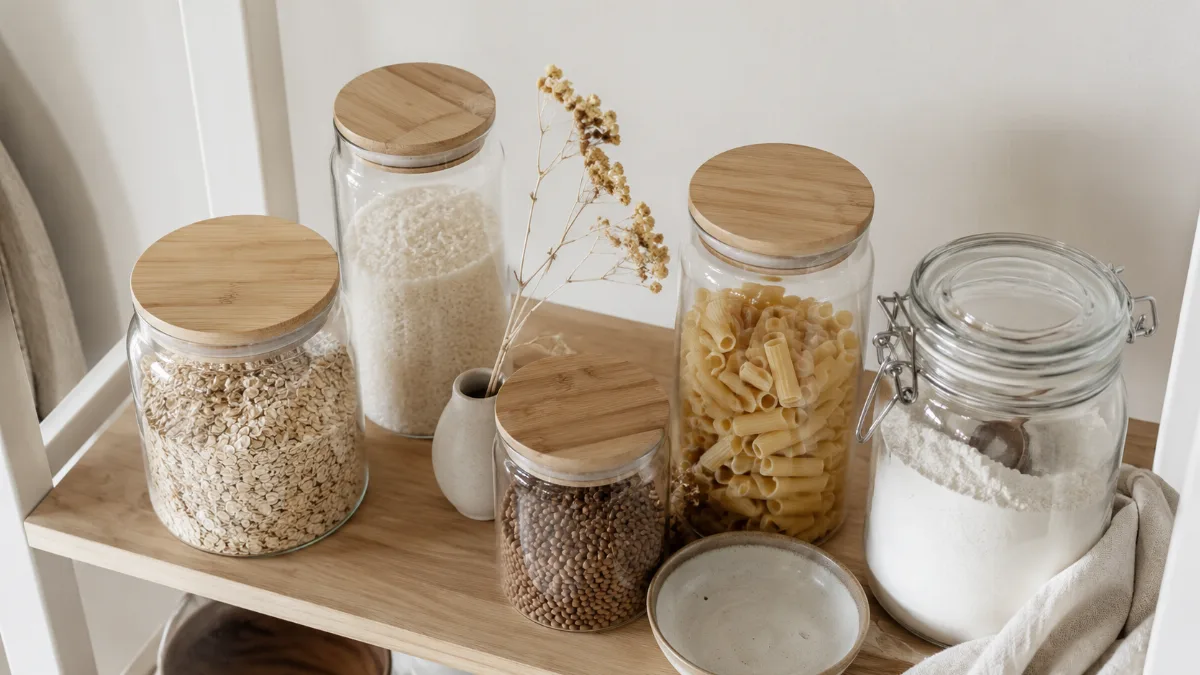 Minimalist pantry shelf with glass jars of staples