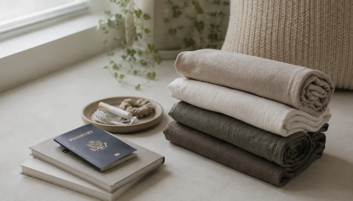 Rolled clothes and a passport arranged on a clean surface