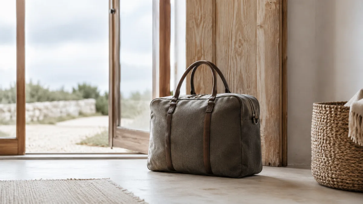 Single carry-on bag by a sunlit doorway
