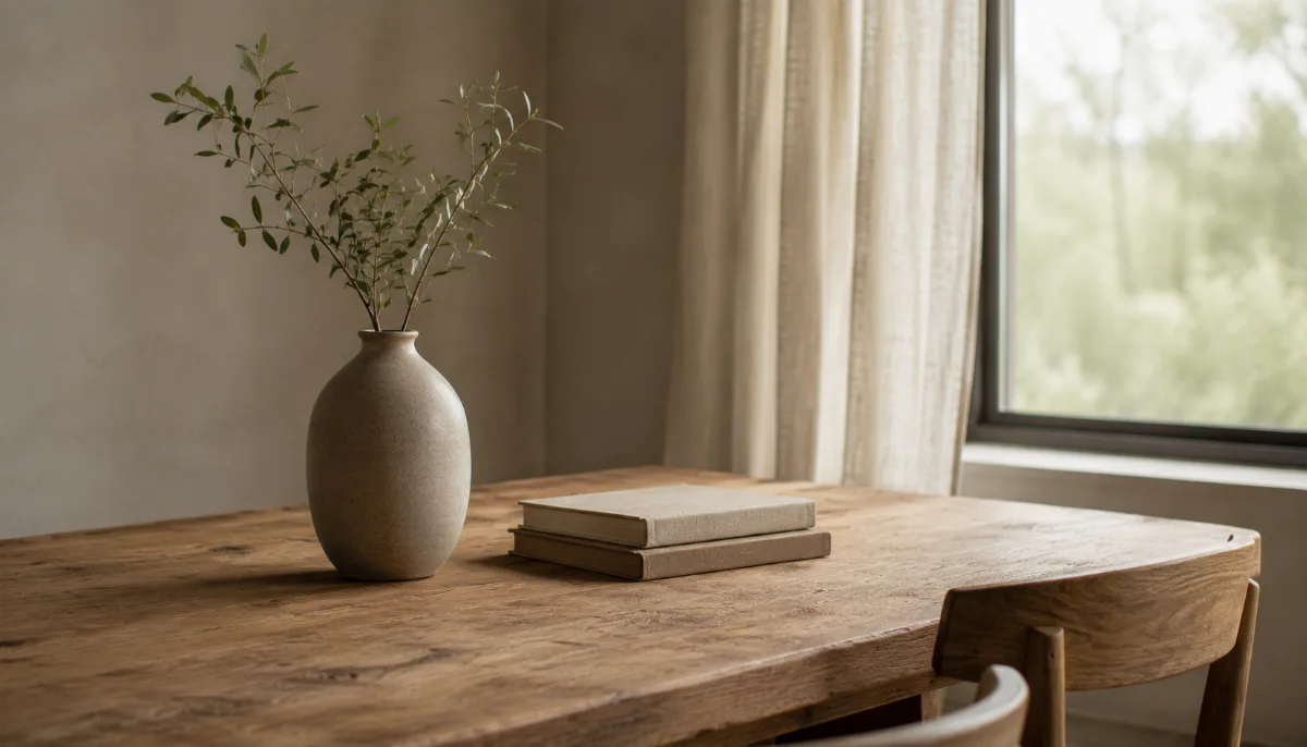 Empty wooden table with a single vase in soft light