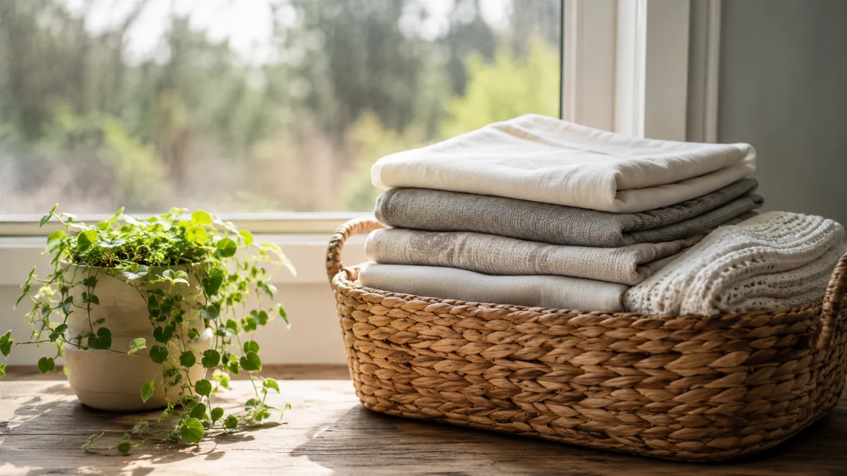 Folded laundry stacked in a woven basket by a window