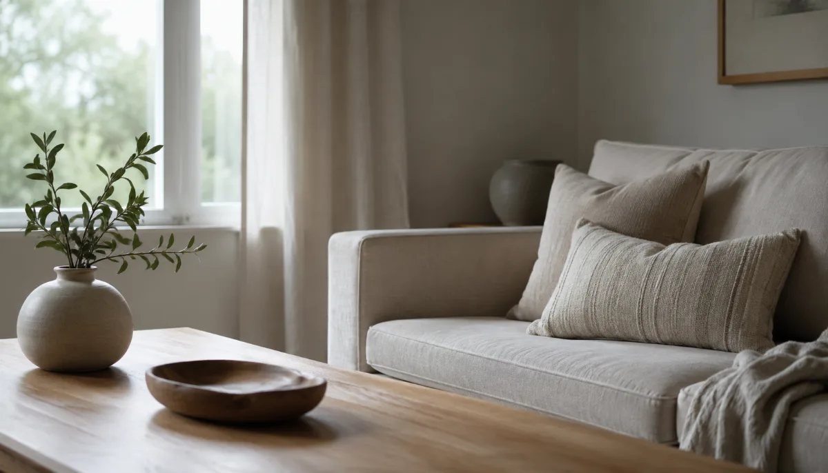 Serene living room with a neutral sofa and soft daylight