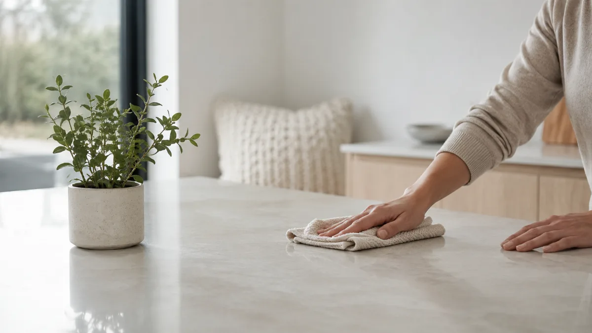 Freshly wiped kitchen counter with a cloth and a small plant