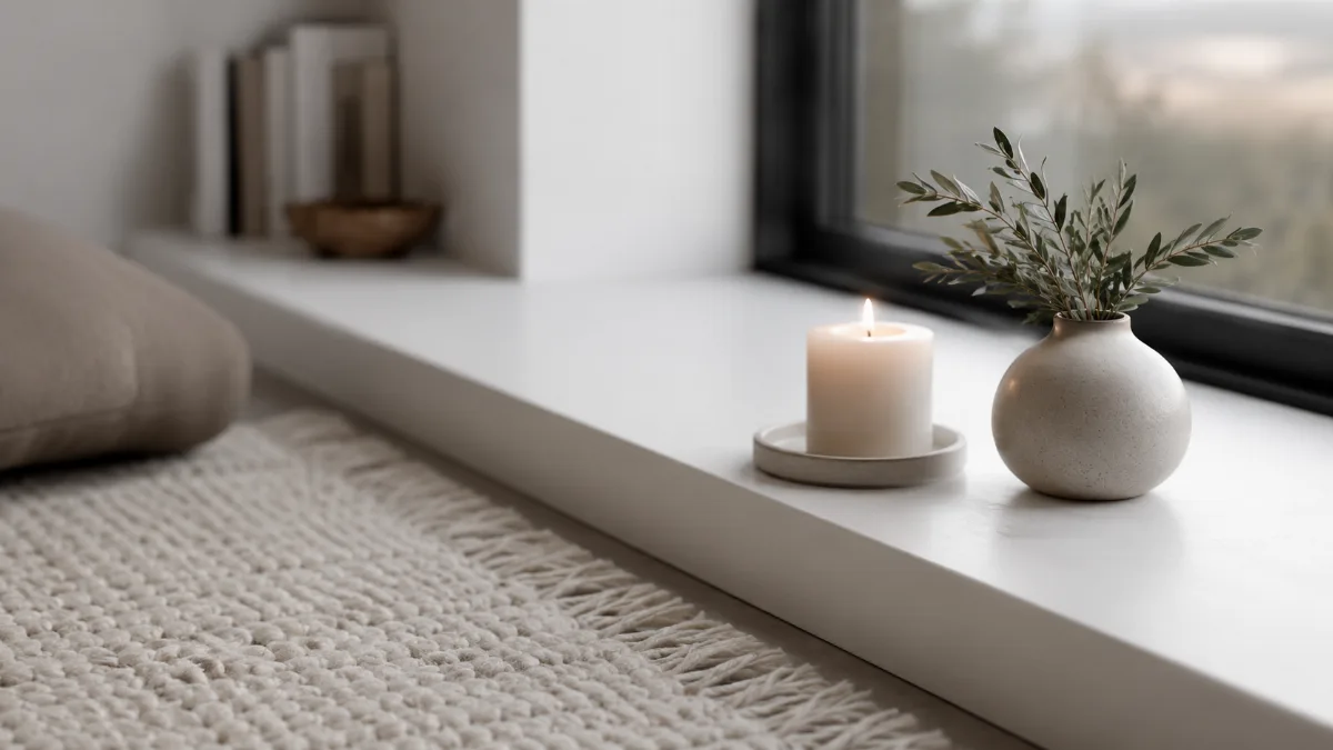 Serene windowsill with a candle and a small plant