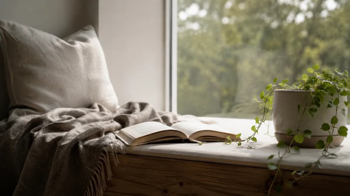 Quiet reading nook with a blanket and an open book