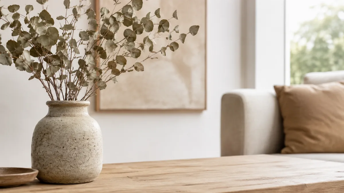 Calm minimalist interior with natural light and a few simple objects