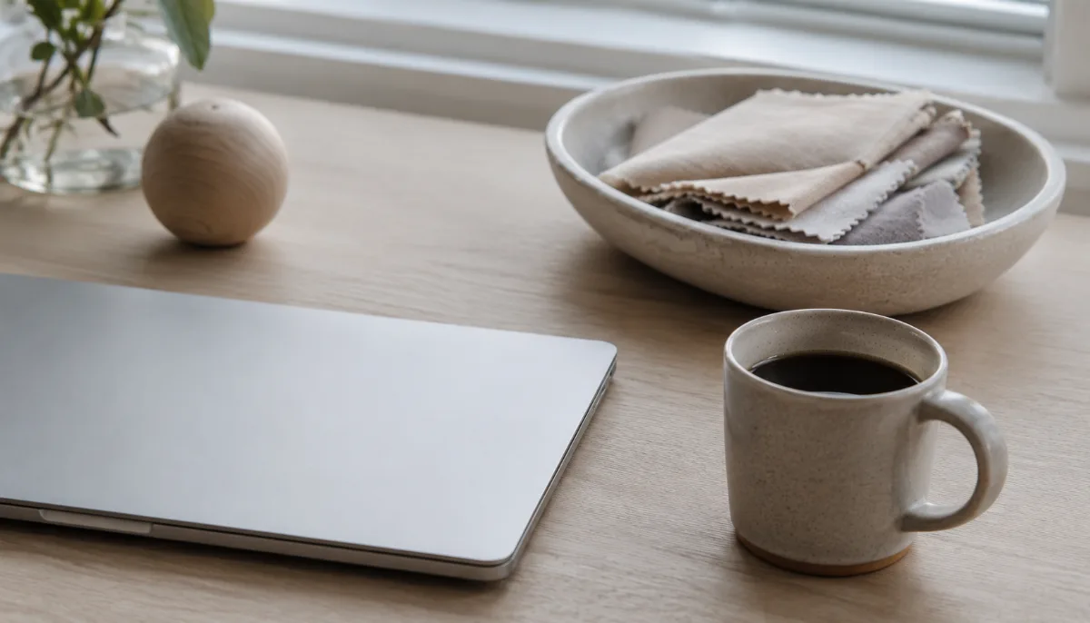 Clean desk with one closed laptop and a cup of coffee