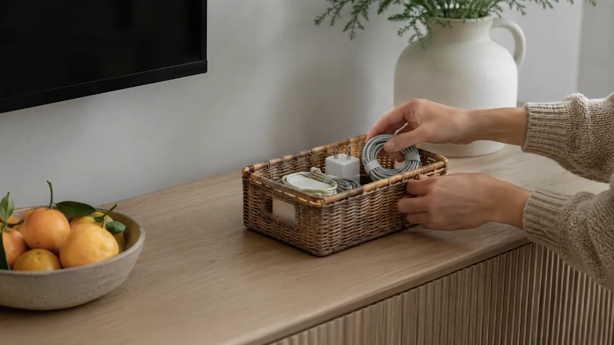 Tidy media console with charging cables tucked into a small woven basket