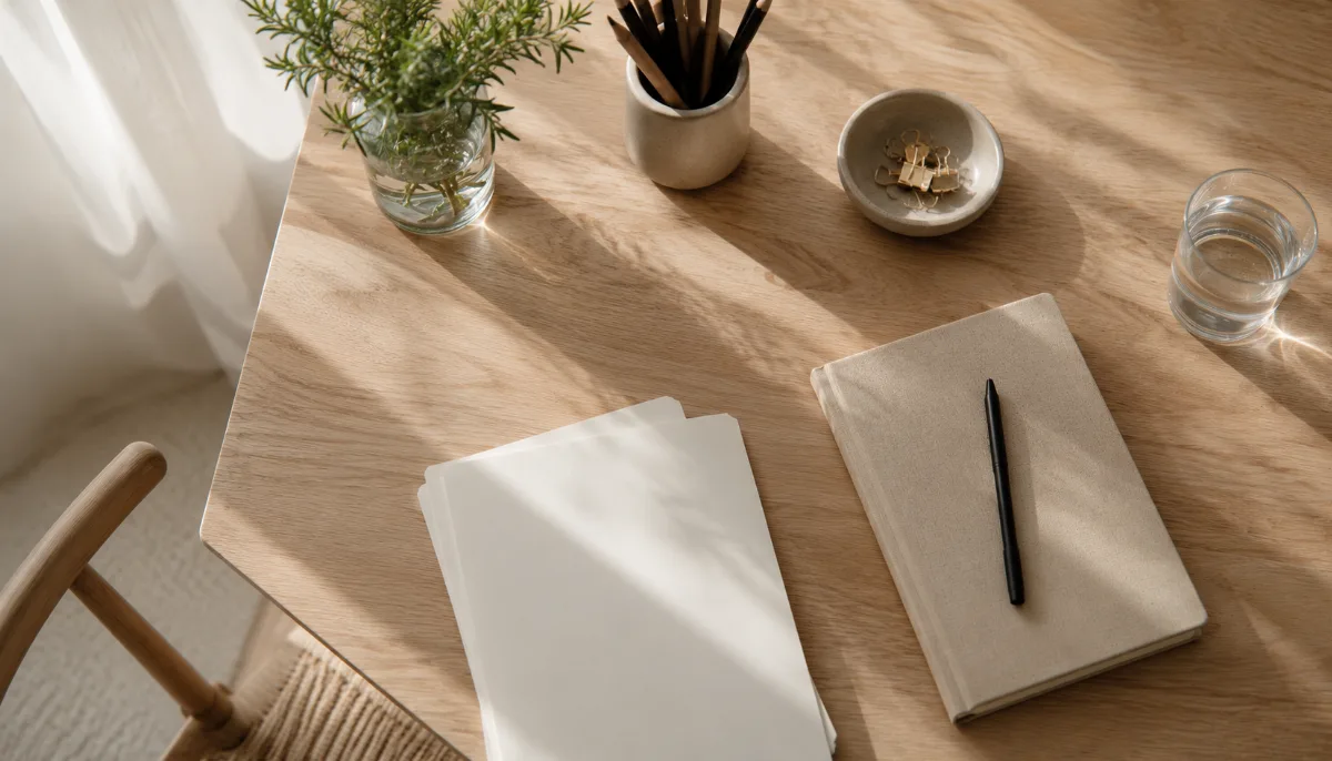 Uncluttered writing desk bathed in soft daylight