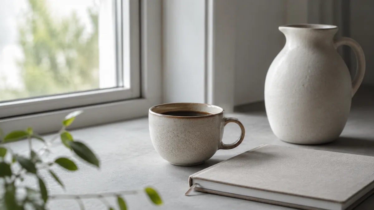 Bright morning scene with coffee and a notebook by a window