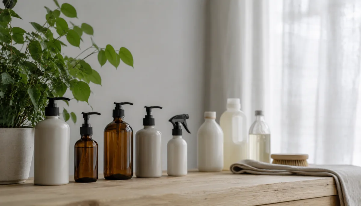 Row of refillable containers beside a leafy green plant