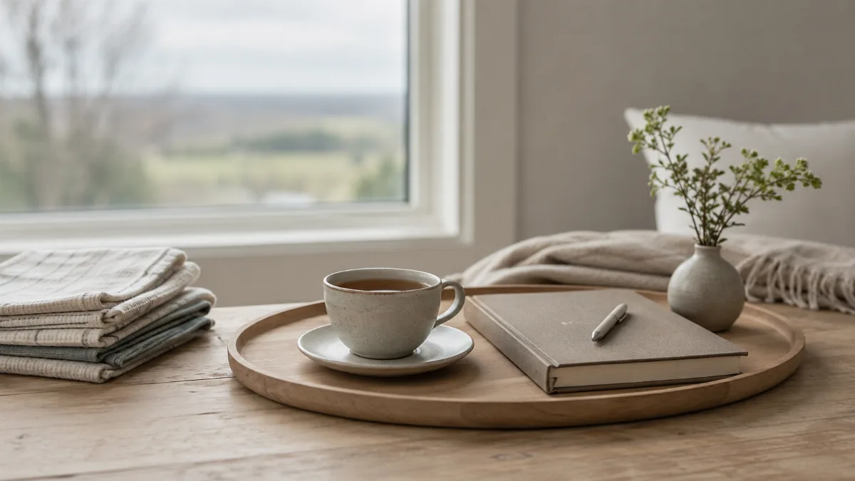 Simple morning tray with tea and a journal