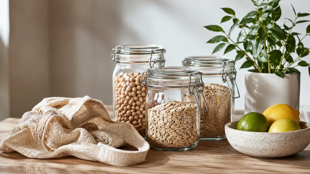 Reusable glass jars, a cloth bag and a small potted plant on a wooden surface