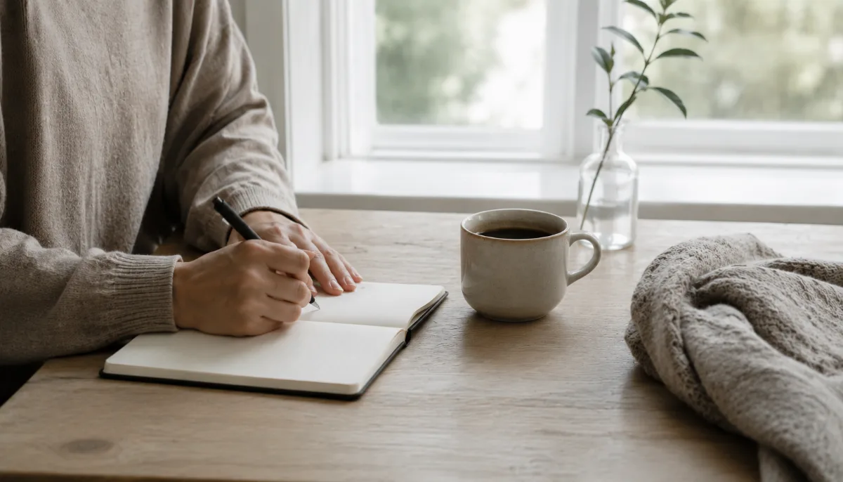 Bright morning scene with coffee and a notebook by a window