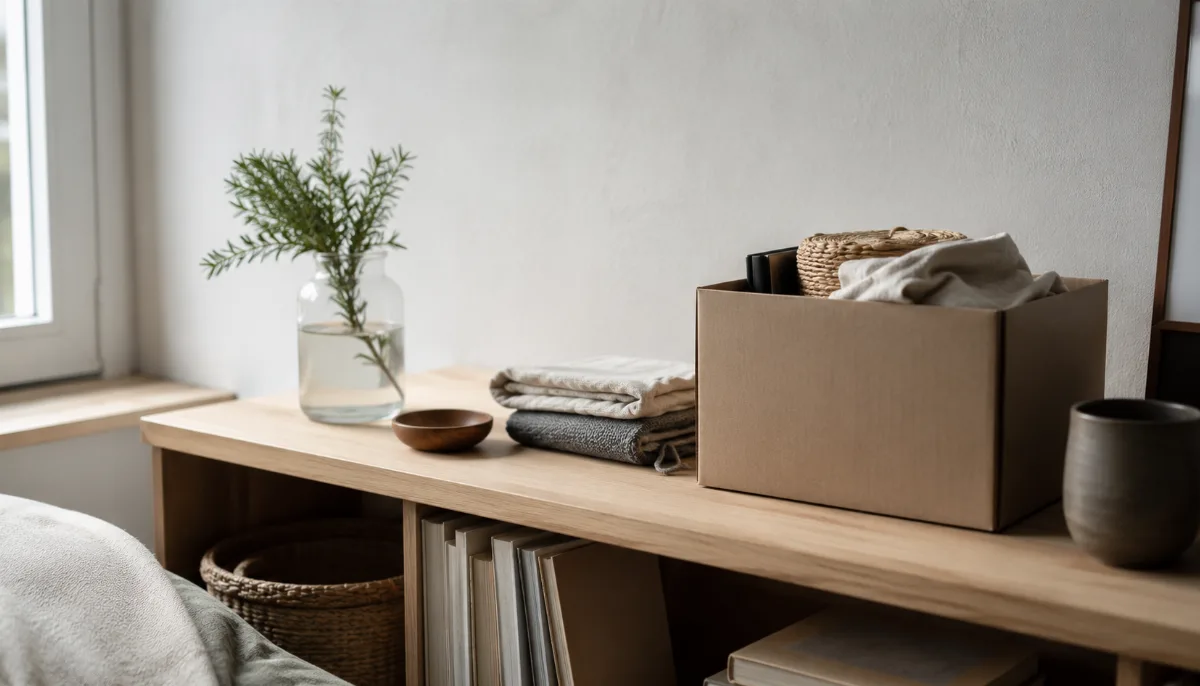 Tidy shelf mid-organization with a few items set aside in a box