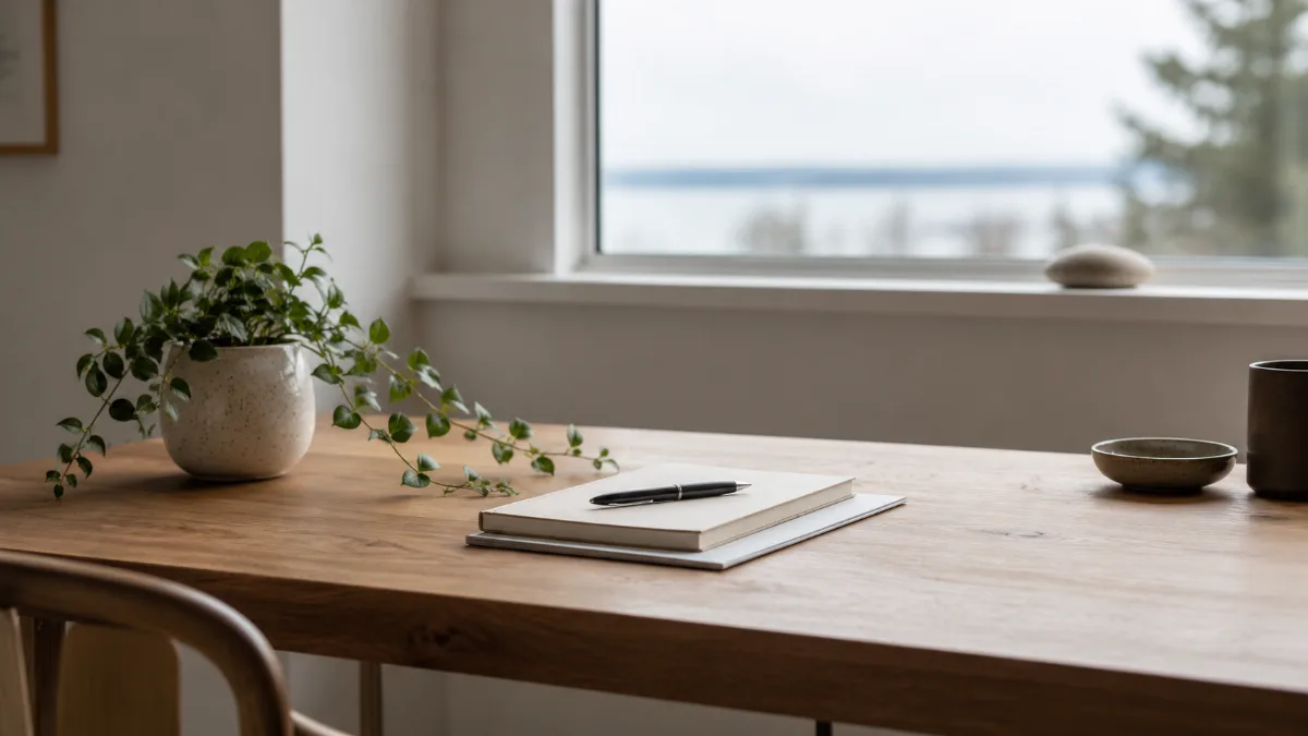 Uncluttered writing desk bathed in soft daylight