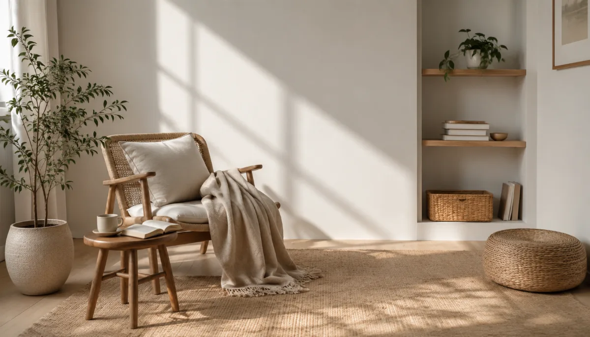 Quiet reading nook with a blanket and an open book