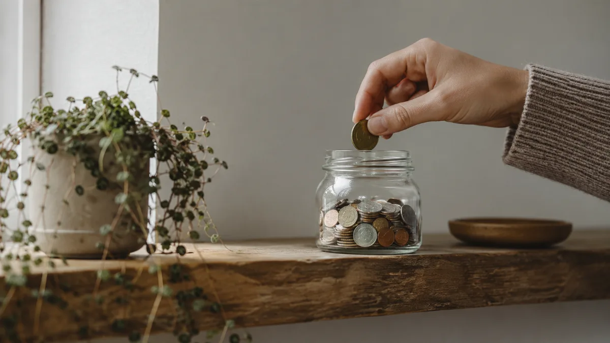 Glass jar of saved coins on a wooden shelf