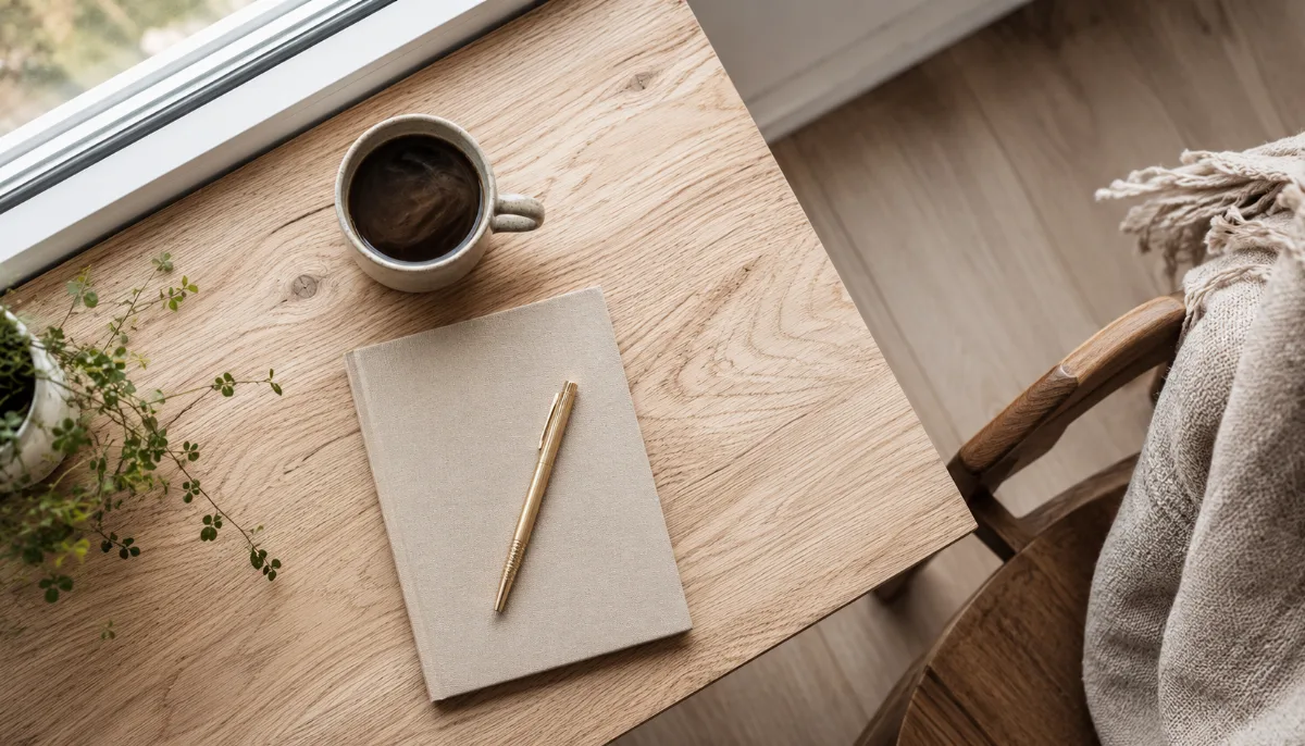 Clean wooden desk by a window with a notebook, pen and a cup of coffee
