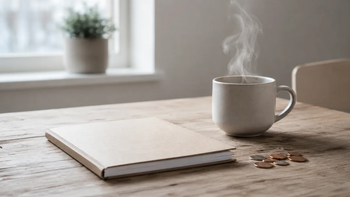 Kitchen table with a plain notebook, coins and a coffee cup