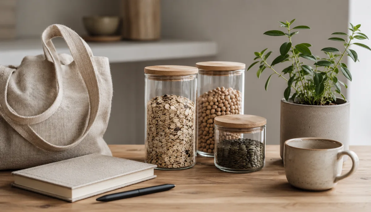 Reusable glass jars, a cloth bag and a small potted plant on a wooden surface