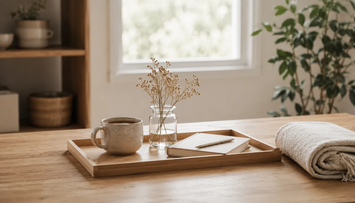 Simple morning tray with tea and a journal