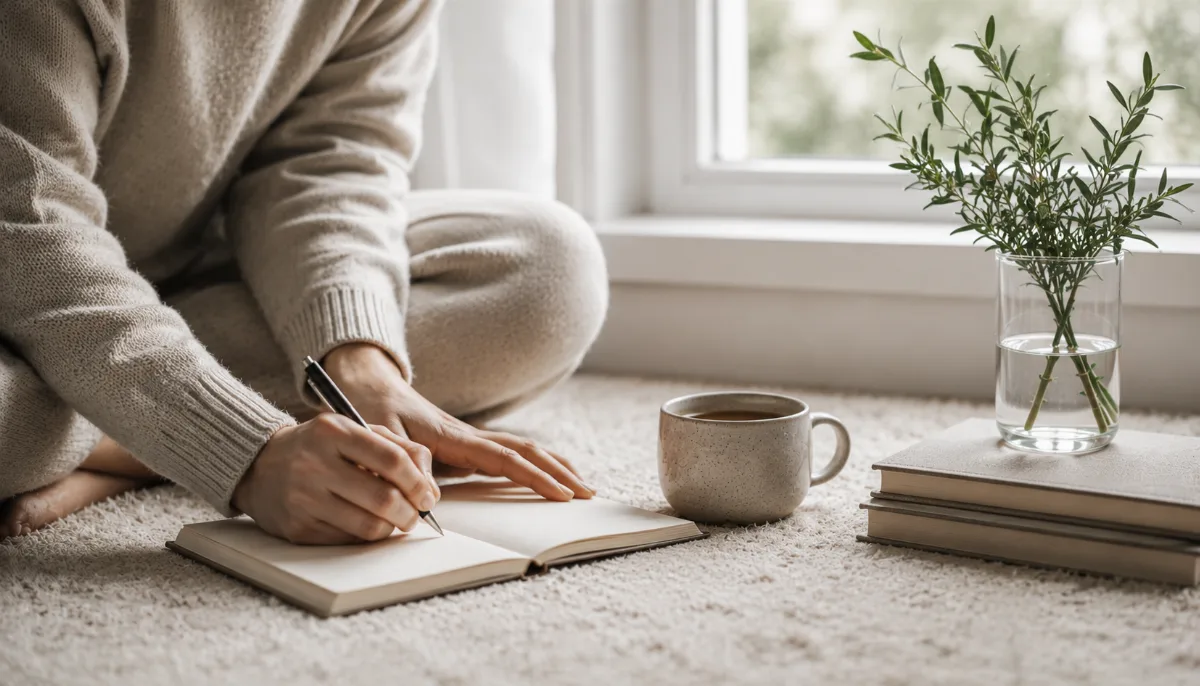 Bright morning scene with coffee and a notebook by a window