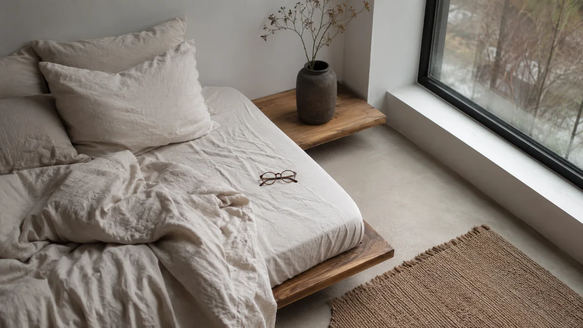 Low platform bed with crisp neutral sheets beside a bare window