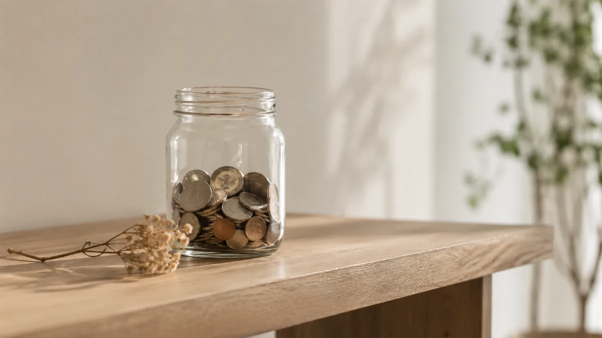 Glass jar of saved coins on a wooden shelf