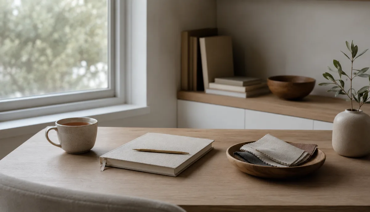 Tidy desk with a notebook and a cup of tea