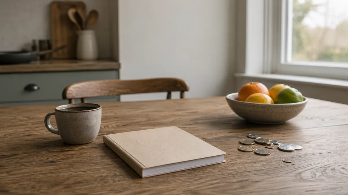 Kitchen table with a plain notebook, coins and a coffee cup