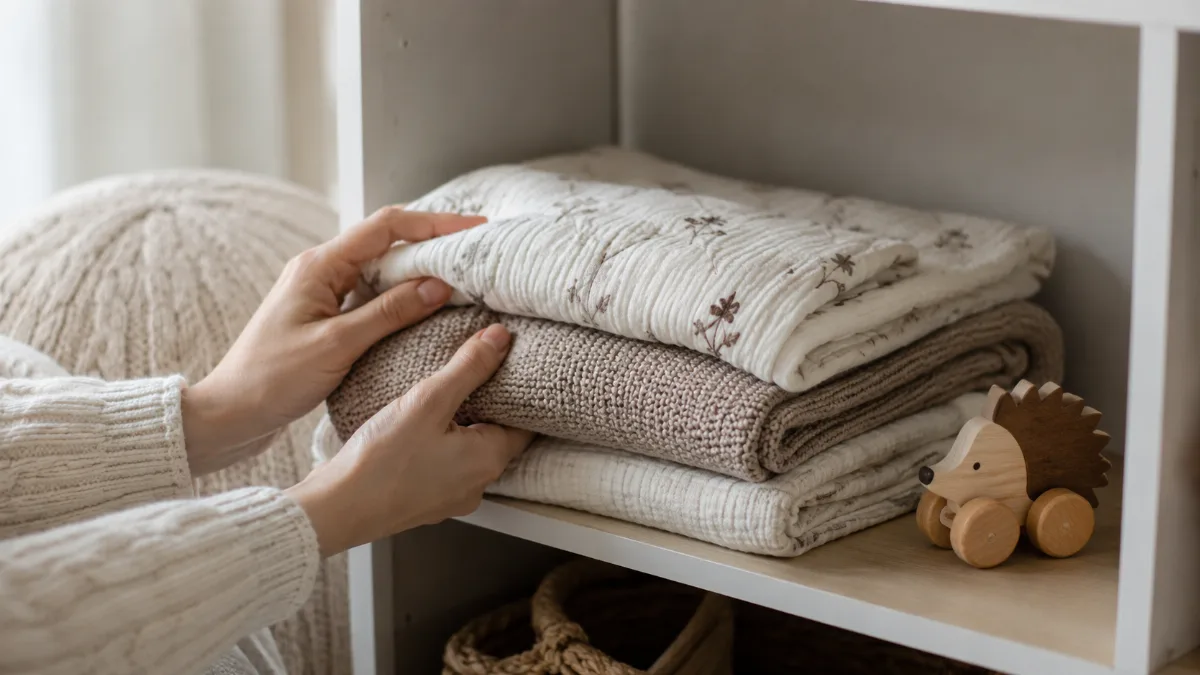 Simple nursery shelf with folded blankets and a small toy