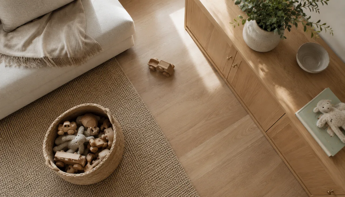 Tidy family room with a basket of wooden toys