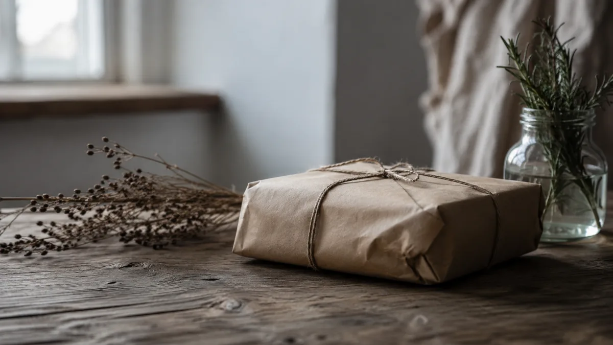 Single wrapped parcel tied with string beside dried foliage