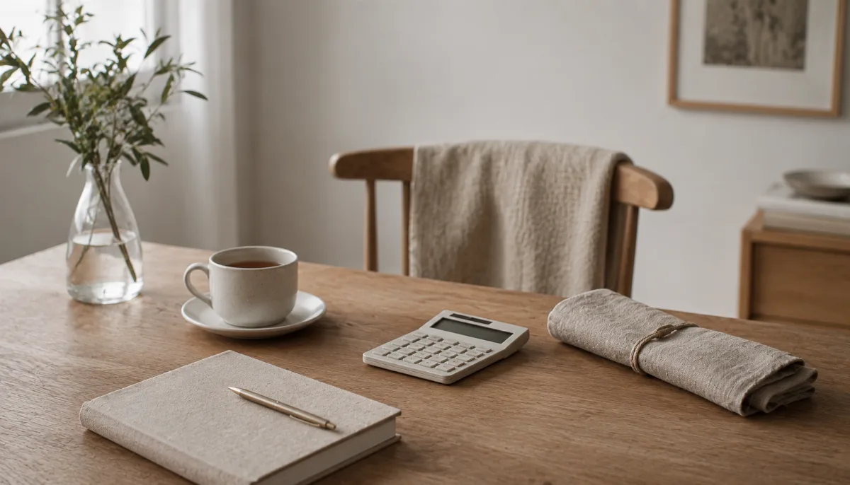 Tidy desk with a calculator, notebook and a cup of tea