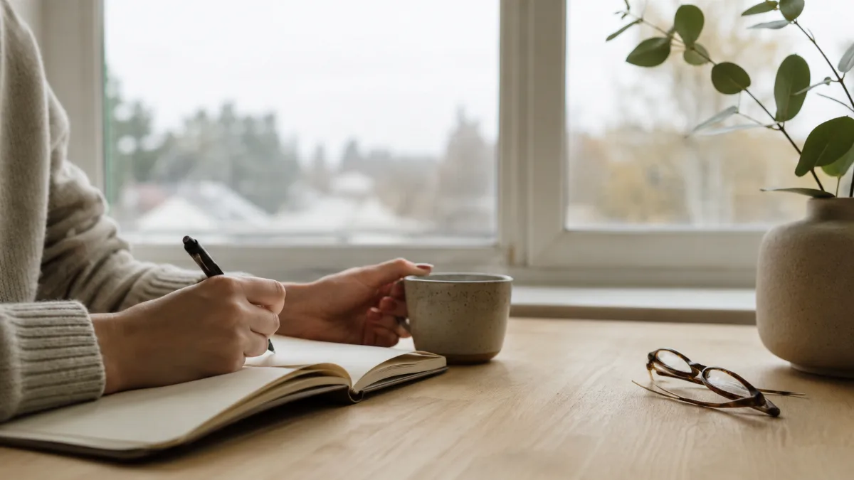 Bright morning scene with coffee and a notebook by a window