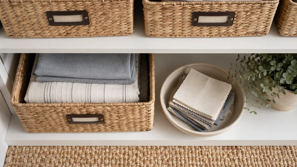 Neatly arranged storage nook with labeled baskets