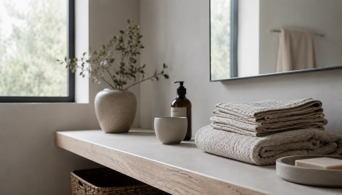 Minimalist bathroom shelf with a few essential items and a folded towel