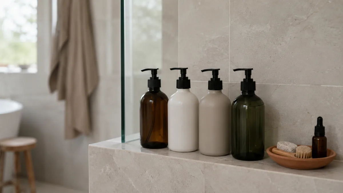 Refillable bottles lined neatly on a bathroom ledge