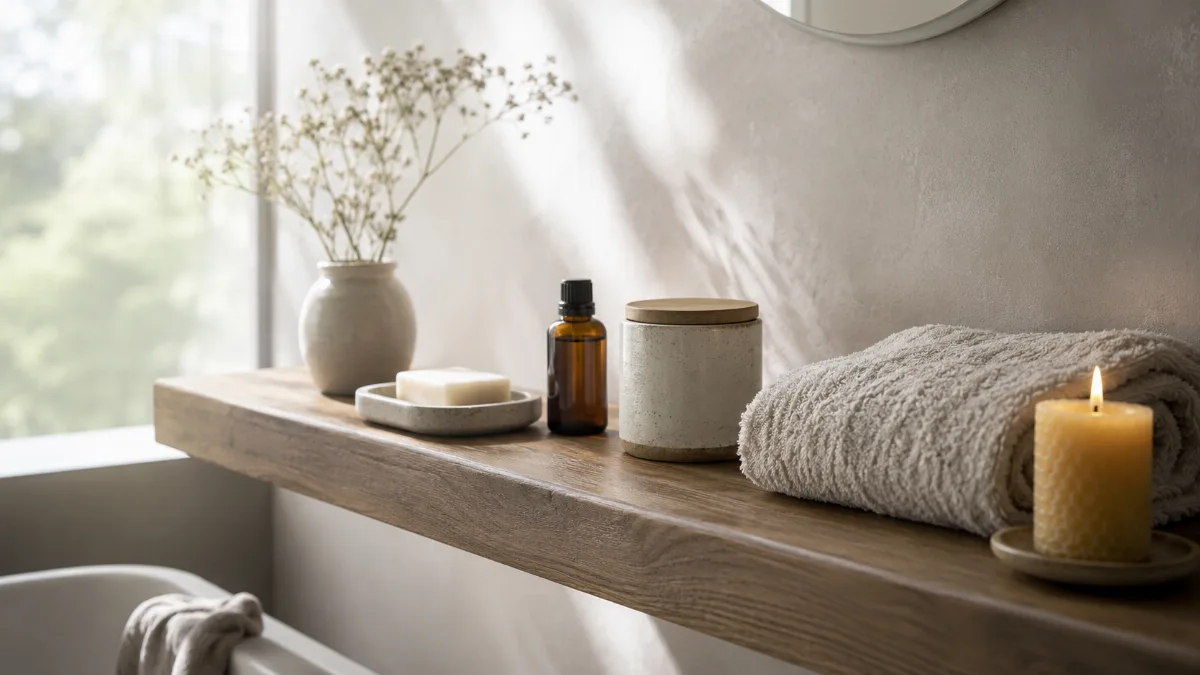 Minimalist bathroom shelf with a few essential items and a folded towel