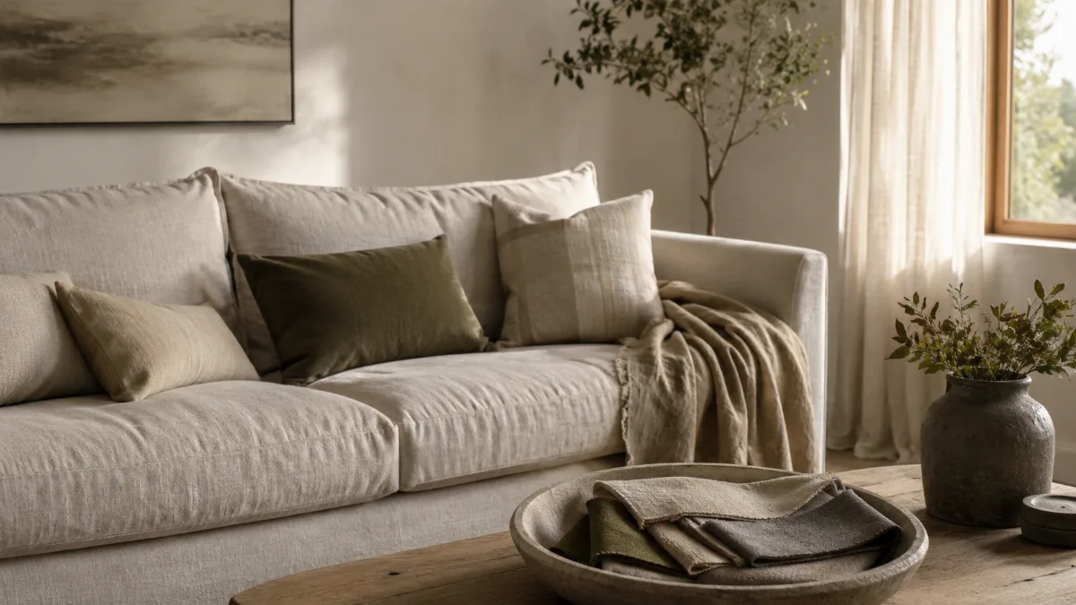 Serene living room with a neutral sofa and soft daylight