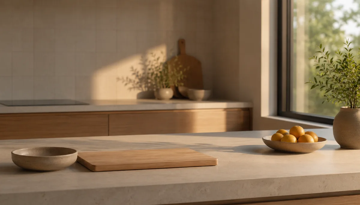 Clean countertop with nothing but a board and a bowl
